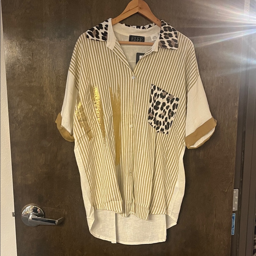Leopard Print Striped Short Sleeve Top - Gold and Cream